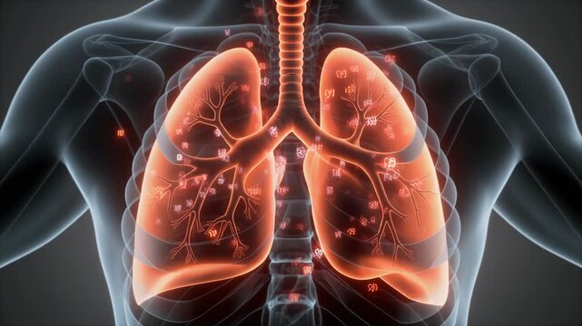 Detailed digital illustration of human lungs and respiratory system from a frontal viewpoint showcasing internal anatomy and structure