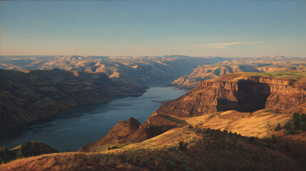 Fototapeta premium Golden light illuminates winding river canyon and rolling arid hills under clear sky, creating peaceful dramatic landscape vista
