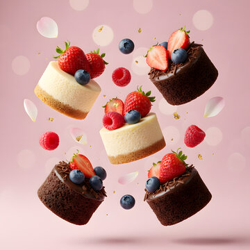 Floating mini cheesecakes and chocolate cakes with fresh berries on pink background.