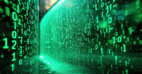 Fototapeta premium Digital rain effect, green code cascading down dark background. Futuristic tunnel view, data stream visualization. Intense, vibrant imagery.