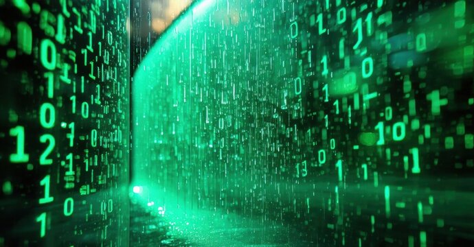 Digital rain effect, green code cascading down dark background. Futuristic tunnel view, data stream visualization. Intense, vibrant imagery.