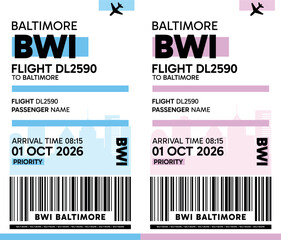 BWI, Baltimore, USA luggage label, boarding pass template. Vector minimalist illustration with airport code, city destination, flight info. Flat, modern image layout