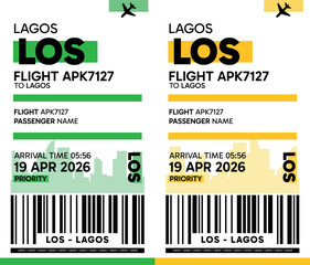 LOS, Lagos, Nigeria luggage label, boarding pass template. Vector minimalist illustration with airport code, city destination, flight info. Flat, modern image layout