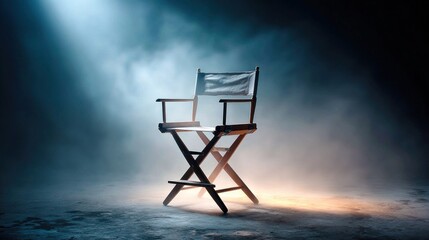Fototapeta premium Director's chair illuminated by dramatic spotlight and smoke on a dark stage