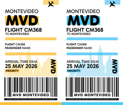 MVD, Montevideo, Uruguay luggage label, boarding pass template. Vector minimalist illustration with airport code, city destination, flight info. Flat, modern image layout