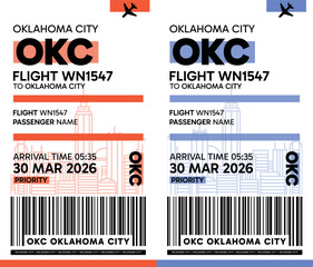 OKC, Oklahoma, USA luggage label, boarding pass template. Vector minimalist illustration with airport code, city destination, flight info. Flat, modern image layout