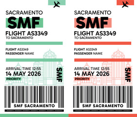 SMF, Sacramento, USA luggage label, boarding pass template. Vector minimalist illustration with airport code, city destination, flight info. Flat, modern image layout