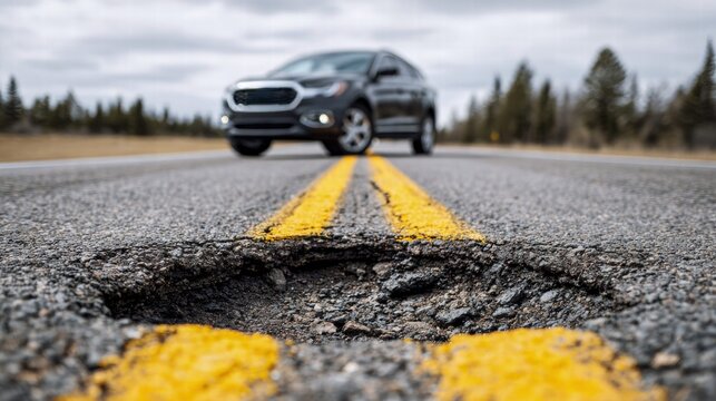 Car driving on a road with a pothole