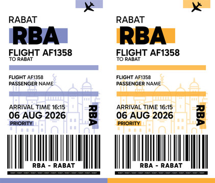 RBA, Rabat, Morocco luggage label, boarding pass template. Vector minimalist illustration with airport code, city destination, flight info. Flat, modern image layout