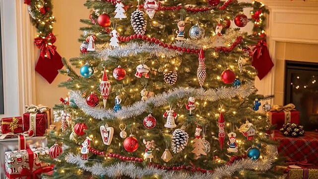 Brightly lit decorated Christmas tree with presents underneath and stockings hanging above