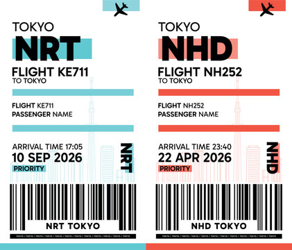 Tokyo, Japan luggage label, boarding pass template. Vector minimalist illustration with airport code, city destination, flight info. Flat, modern image layout