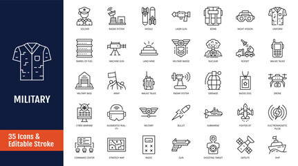 Obraz premium military icon set. Icons related to army, weapons, explosions, peace, conflict and more. Outline icon with Editable stroke. Vector illustration