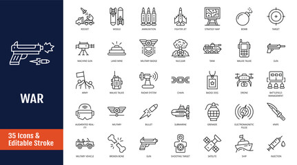 Obraz premium War military icon set. Icons related to army, weapons, explosions, peace, conflict and more. Outline icon with Editable stroke. Vector illustration