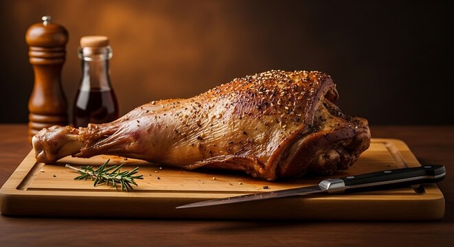 Golden brown roasted duck resting on a wooden cutting board with herbs and spices. pierna cordero