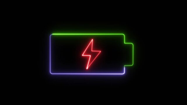 Glowing red neon low battery icon animation with blinking lightning bolt on black background-4k video Neon glowing battery charging icon