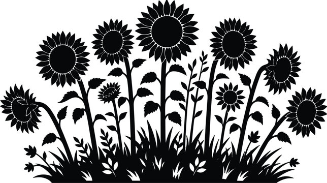Flat design sunflower silhouette of tall sunflowers in grass side view varying heads and leaning stems under bright mood cheerful