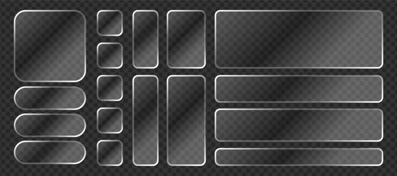 Liquid glass button interface, light frame banner set, glass panel PNG banners glow effect, tech board frames mobile web, futuristic light vector set.