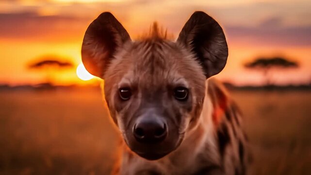 Close-up of a hyena facing forward, illuminated by a warm sunset in an open field