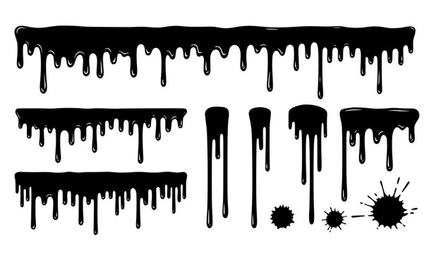 Black melting paint drip borders vector set splatter and liquid ink isolated on white background