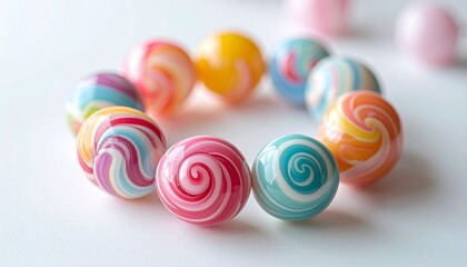 Colorful Spiral Orbs Arrangement on White Background for Wellness and Lifestyle Imagery.