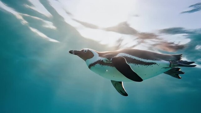 Penguin underwater, wings extended, swimming towards sunlit surface water