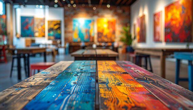 Artsy Coffee Shop Interior Featuring Rustic Painted Table Tops and Abstract Art Displays.