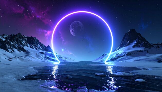 Winter Landscape with Neon Circle Portal Under the Moon and Stars Perfect for Sci Fi or Fantasy Design.