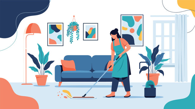 Diligent woman wearing an apron uses a mop to clean the floor of her stylish living room which features a blue sofa and many indoor plants.