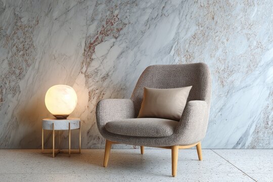 Cozy armchair and glowing lamp complement marble wall and terrazzo floor.