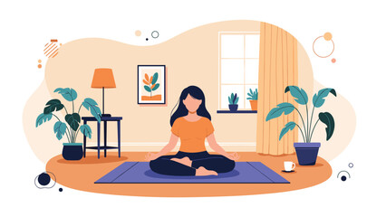 Fototapeta premium Peaceful young woman practicing meditation in a lotus pose on a yoga mat in her cozy living room filled with green plants and soft natural light.