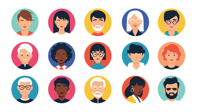 Colorful collection of diverse people avatars in circular frames, showing different ethnicities, ages, and styles for social media profiles.