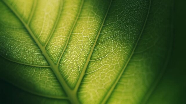 Close-up of a vibrant green leaf with intricate veins and textures.