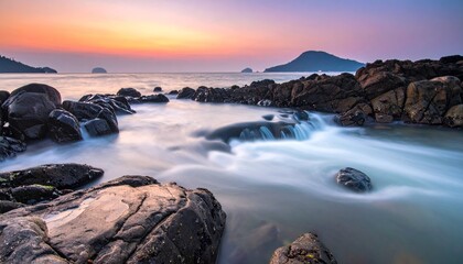 Obraz premium Serene Coastal Landscape at Sunset with Rocks and Flowing Water Creates a Calm Atmosphere.