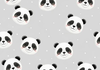 Obraz premium Adorable panda faces seamless pattern on light grey background