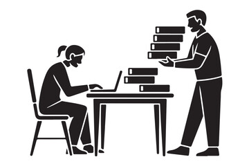 Fototapeta premium Man handing stack of documents or books to seated woman working on laptop illustrating data exchange or office workflow task assistance