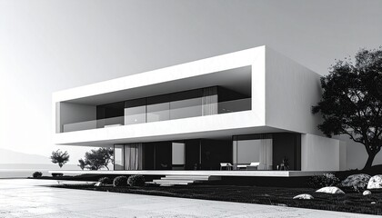Fototapeta premium Modern Minimalist House Design with Landscape and Sea View in Black and White Photography.