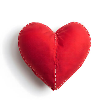 A stitched plush heart 3D object on a white plain background, soft fabric texture, visible thread seams along the crack line, rounded adorable form, no eyes or mouth