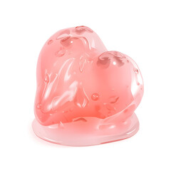 Fototapeta premium A melted jelly heart 3D object on a white plain background, translucent pink gel form slightly collapsed, glossy shine and soft rounded edges, no eyes or mouth