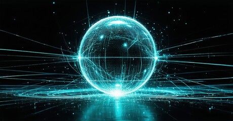 Obraz premium Bright sphere radiates energy, connected by glowing lines. Futuristic digital network concept, dark background enhances visual impact.