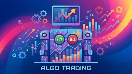 Obraz premium Colorful illustration of an algo trading robot with buy and sell buttons analyzing upward financial market charts. future of gold tradeing market
