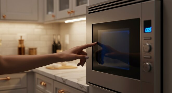 Modern microwave oven with touchscreen operated in kitchen setting