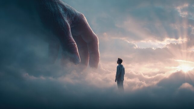 Man gazes up at a colossal hand emerging from clouds with divine light rays