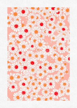 Bright spring poster in pink and yellow tones with a field of daisies flowers  illustration. Ideal for dopamine interior, Easter decor. Size A2
