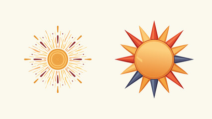 Fototapeta premium Collection of two distinct stylized sun illustrations showcasing vibrant celestial bodies with radiant energy, perfect for summer designs, weather forecasts, and bright, positive visual themes