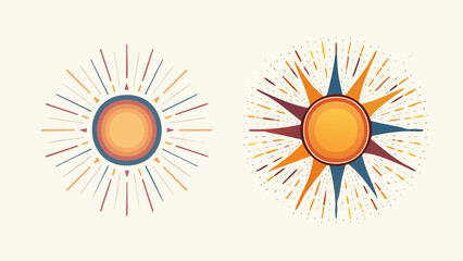 Fototapeta premium Two vibrant and stylized sun illustrations featuring radiant burst designs and colorful rays, perfect for summer themes, heat, and warmth graphics, evoking a sense of brightness and positive energy