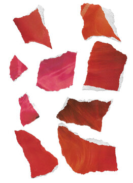 Set of various red paper pieces torn from vintage magazines and scanned to be digital for creative effects