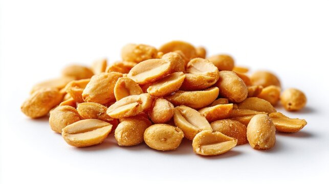 Pile of roasted salted peanuts on a white background, close-up shot