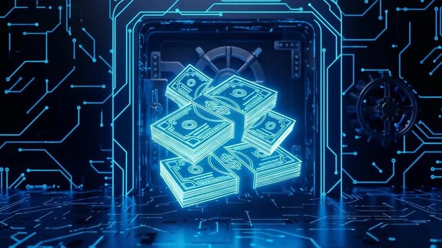 Digital Currency Secure Transaction Stacks Of Money Glowing In Virtual Bank Vault With Electronic Circuits In The Background For Finance Technology Protection