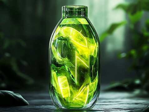 Glowing botanicals in a glass bottle, luminous nature elixir in a serene green