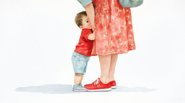 Small child hugging adult legs in white minimal setting